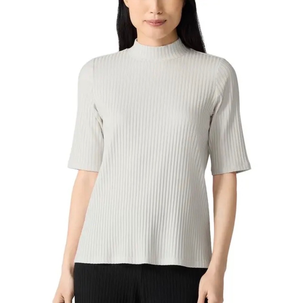 Eileen Fisher Women Rib Knit Mock Neck Elbow Sleeve Top Grey Size L Large